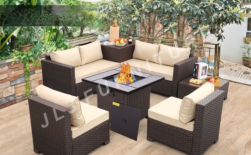 NEW🔥Outdoor Patio Furniture Set Brown Wicker 4” Beige Cushions with 30" Wicker Firepit ASSEMBLED