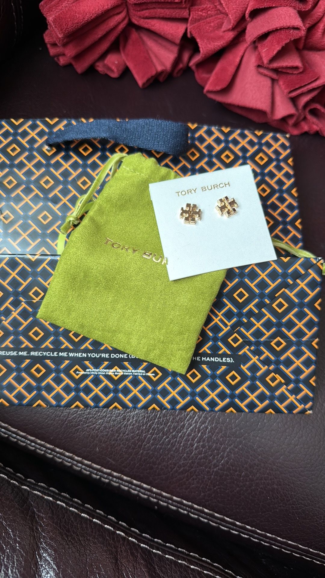 Tory Burch Gold Logo Studs with dust bag tissue Shopping bag
