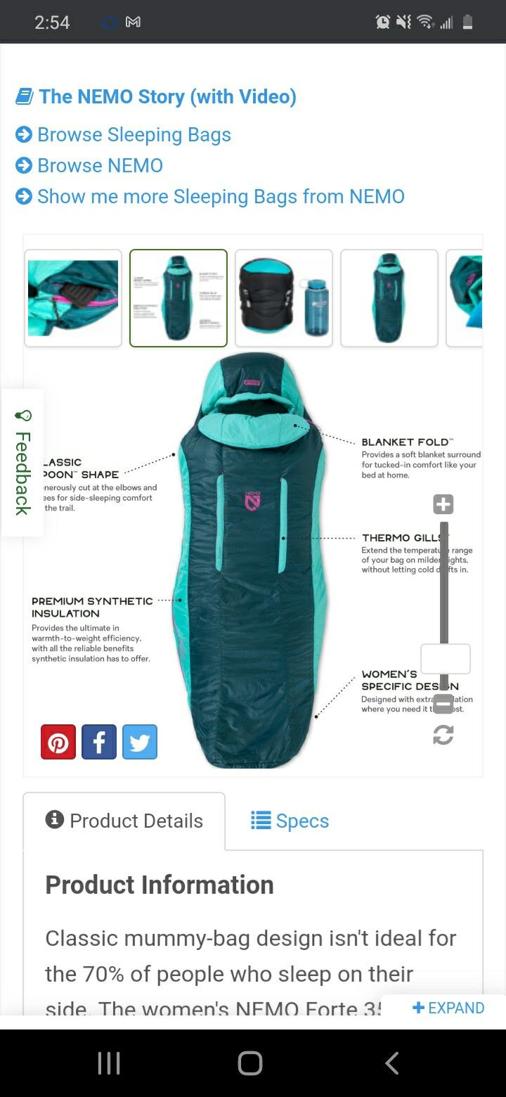 Nemo equipment, FORTE 35°F women's long sleeping bag