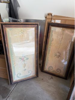 Set of two (2) Large Rectangular Framed Tuscan / Old World Style Wall Art – one Decorative Fruit Basket Print and one Decorative Flower Basket Print