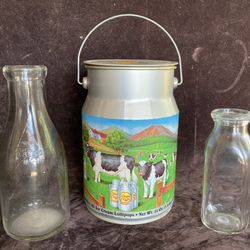 Vintage Milk Can Tin  & Milk Bottles