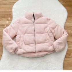 Juicy Couture Black Label Pink Puffer Jacket High Collar Quilted Design Sherpa