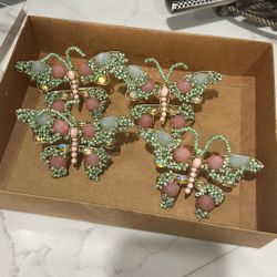 4 Gold Hand Beaded Butterfly Napkin Rings 