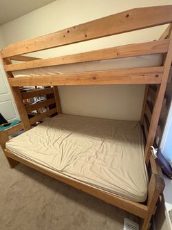 Solid wood custom built bunk bed, bottom full, top twin not selling mattresses
