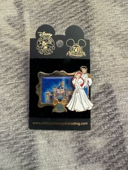 New Disneyland 50th Little Mermaid Ariel & Prince Castle Pic In Gold Frame Pin