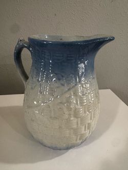 Vintage Blue White Salt Glaze Stoneware Pitcher Floral Basketweave