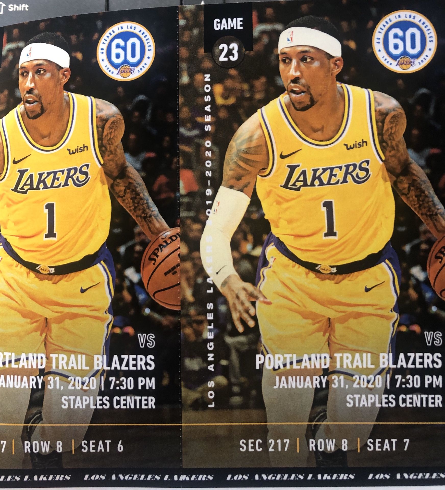 Lakers vs Portland 01-31-2020 2 tickets section 217 $400