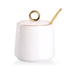 WHJY Ceramic Sugar Bowl with Lid and Spoon, Simple White Clear Porcelain 