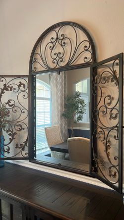Tuscan Arched Wrought Iron Wall Mirror with Hinged Shutter Doors
