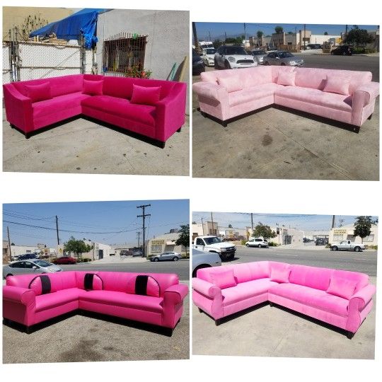 BRAND NEW 7x9ft SECTIONAL COUCHES, Velvet Hot Pink, Light Pink, Bubble Gum Color Fabric And BLACK Pink Leather Sectional Sofas/ More Color Availa