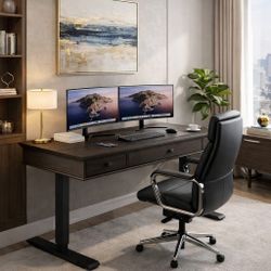 Desk with Drawers, 55 x 23 Inch Electric Height Adjustable Desk with Storage & Outlets, for Computer Workstation, Home Office, Retro Curved Table Corn