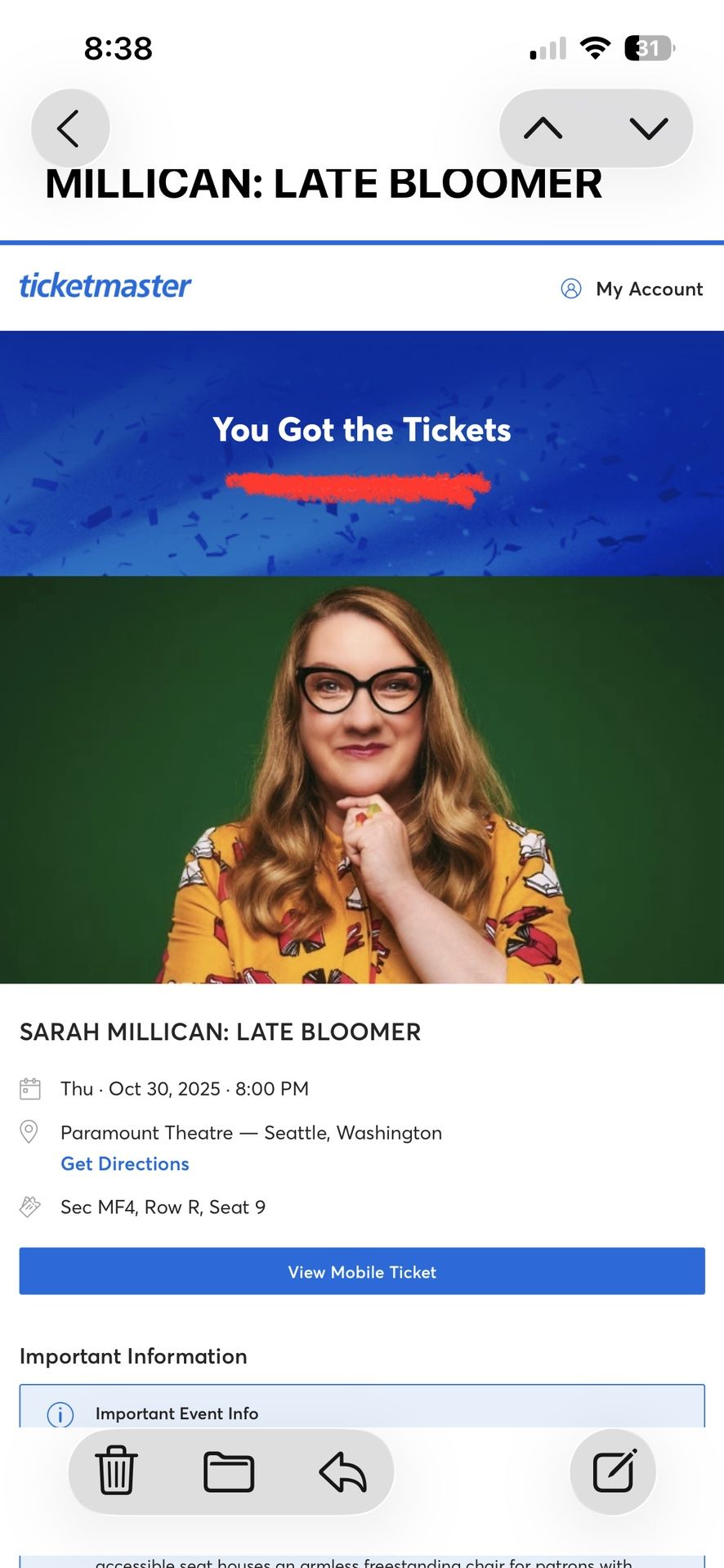 Sarah Millican Comedy Ticket - 1 Ticket 