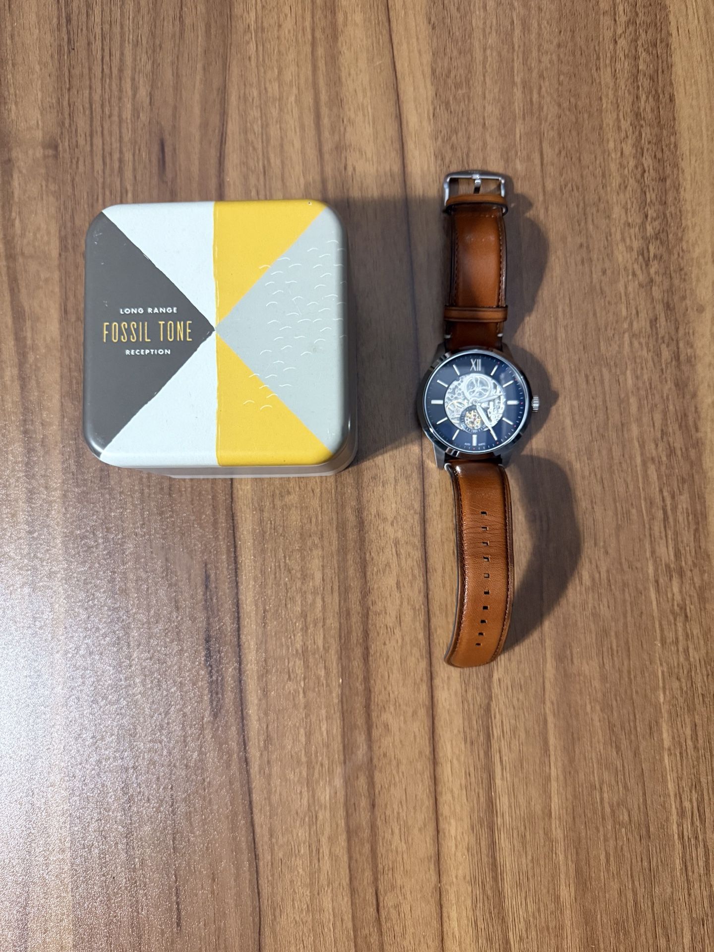 Fossil Townsman Automatic Skeleton Watch with Box – Blue Dial Brown Leather
