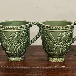 Bordallo Pinheiro Mug Cup Green Leaf Ivy Vine Floral Set Lot 4 Vintage Retired