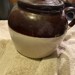 US Ceramic Brown And Beige Single Handle Bean Crock