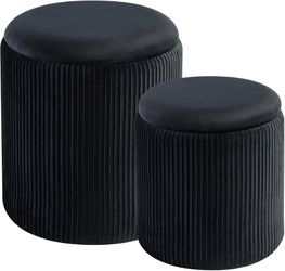 Round Velvet Storage Ottoman Set of 2 with Hidden Storage Black