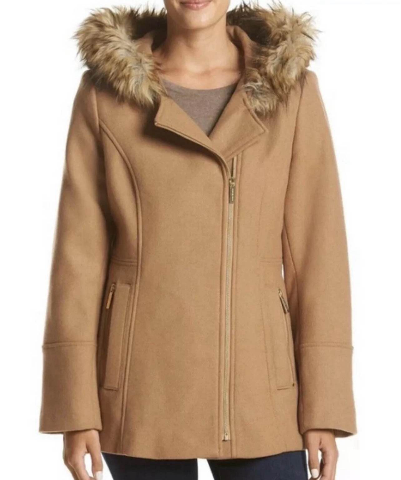 Michael Kors Sz 2 Asymmetrical Zip Coat Camel Tan Wool Jacket Faux Fur Hooded
