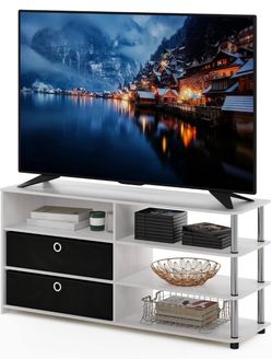 White TV Stand with Storage Shelves and Drawers