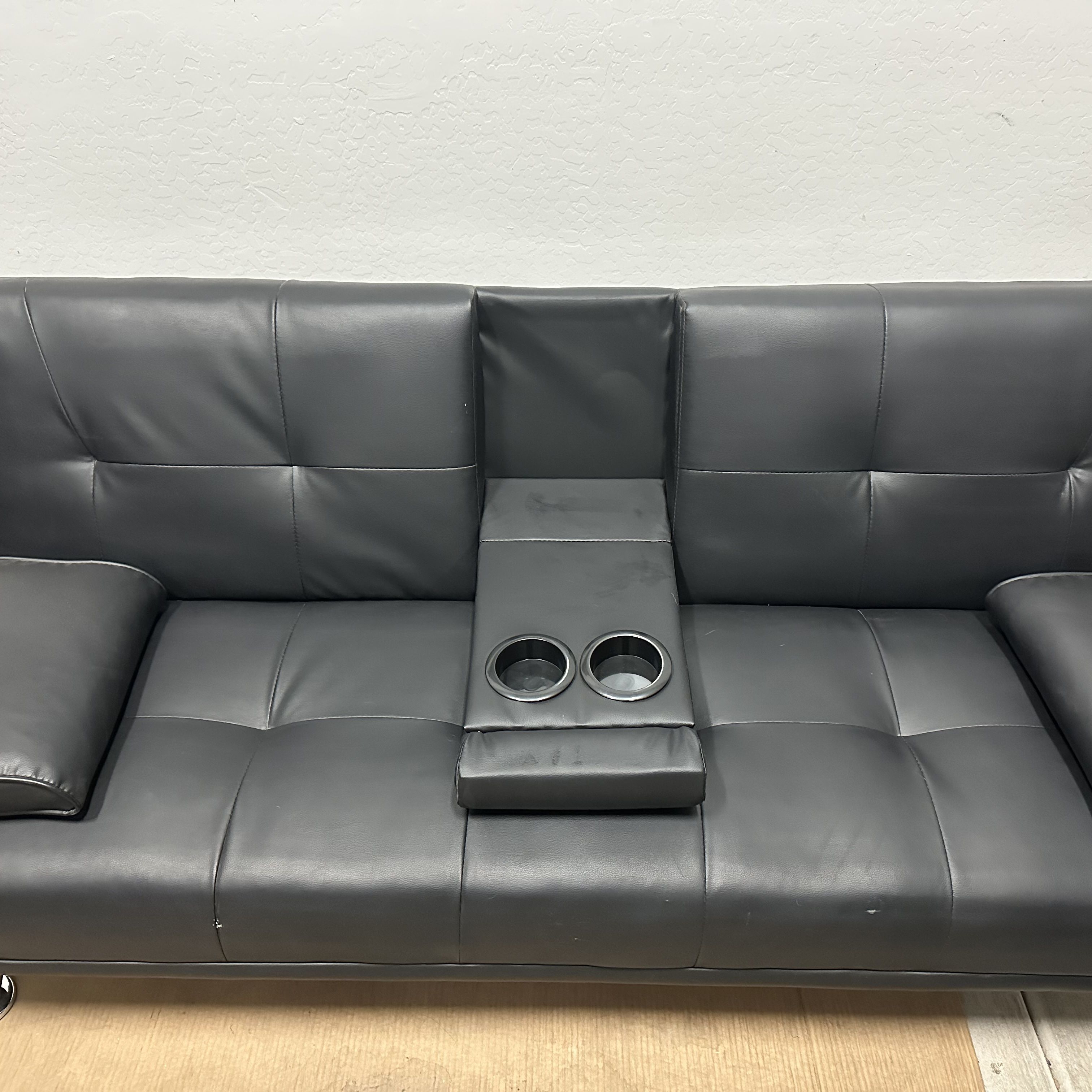 Black Leather Futon Sofa with Cup Holders