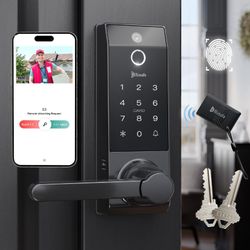 Blusafe Smart Doorbell Fingerprint Lock with Camera and Door Handle, Black