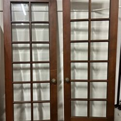Vintage Solid Hard Wood Custom Made French Door Set w/Beveled Glass and brass hardware