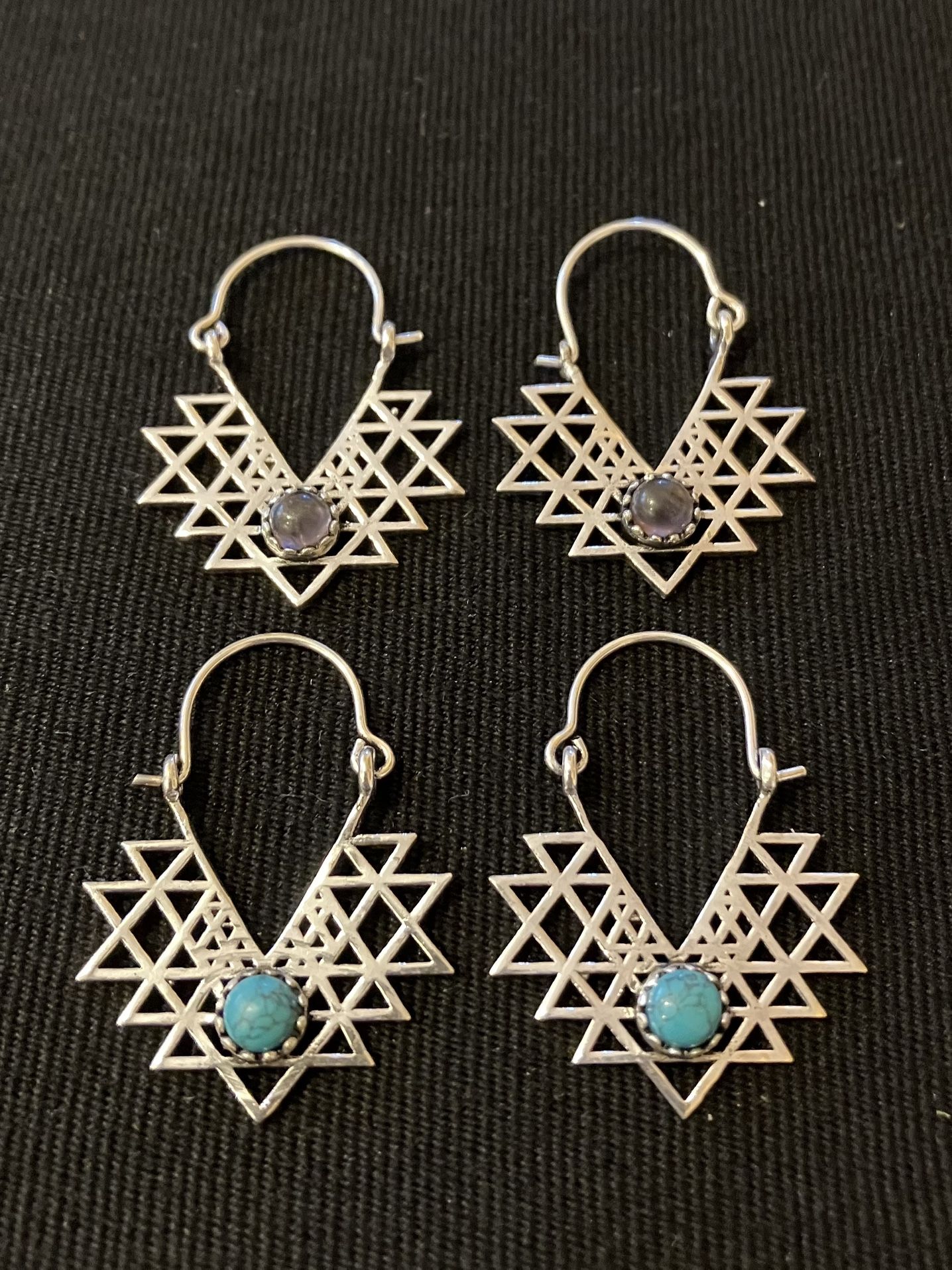 Silver Sri Yantra Earrings with turquoise or amethyst gemstone