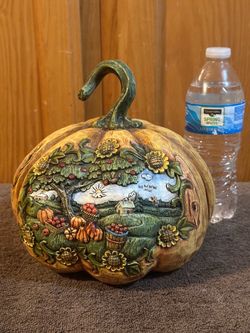 Vintage Carved Resin Pumpkin – Fall Farm & Orchard Scene