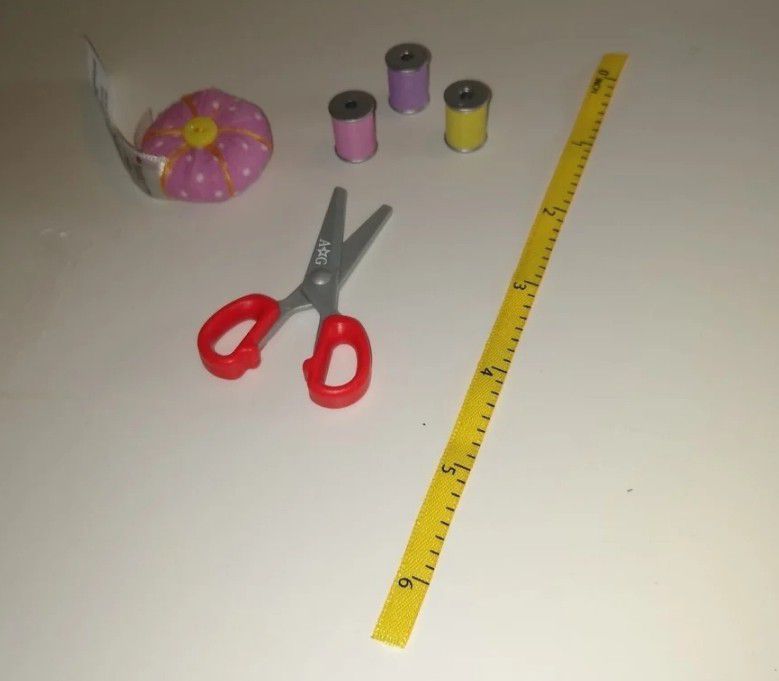 American girl Isabelle dance studio sewing accessories, measuring tape, scissors, threads, pin cushion