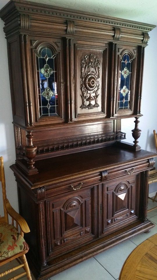 Antique KITCHEN HUTCH w Stained Glass 