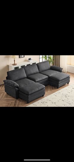 New 120 In. W Pillow Top Arm Double Layer Cushion Polyester Sofa 3 Seat Couch With 2 Ottoman Grey