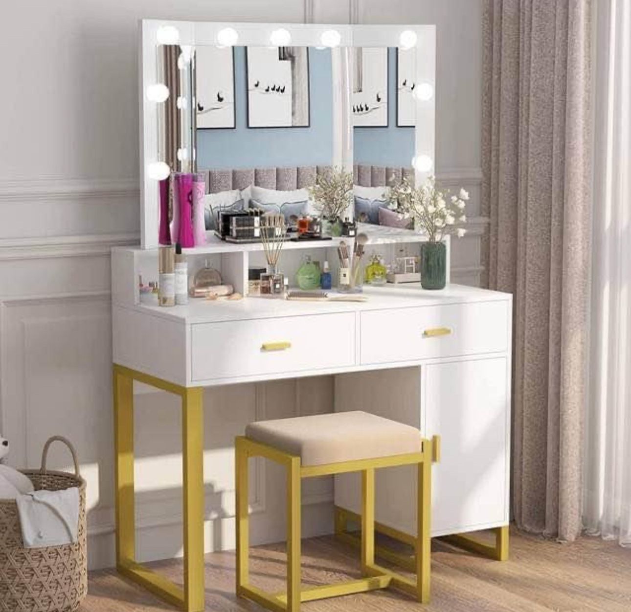 Vanity Table with Lighted Tri-Fold Mirror, Makeup Table with Upholstered Stool Set, 2 Drawer and Storage Cabinet