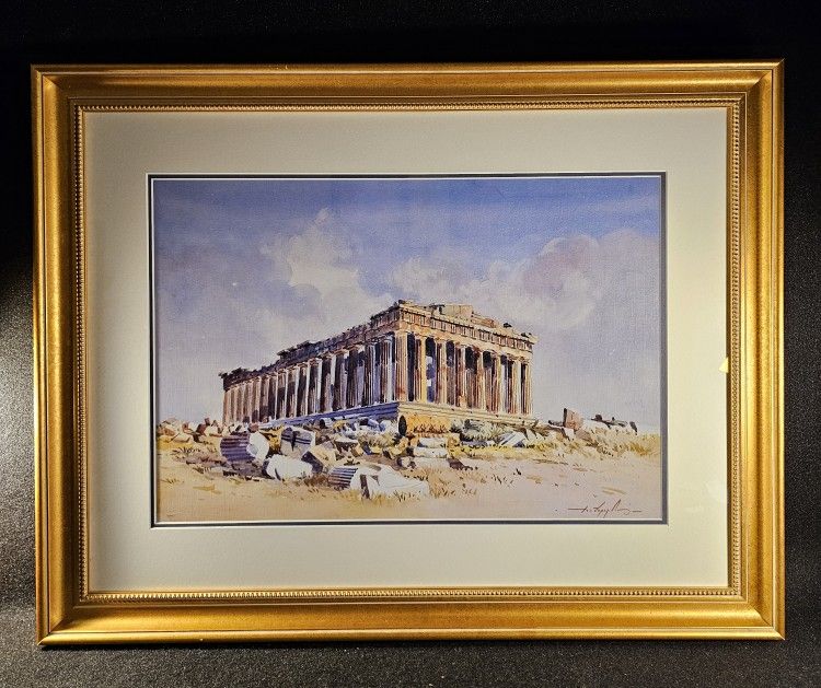 Large Vintage 31"x24" Professionally Double Matted & Framed The Parthenon Print Signed By Artist