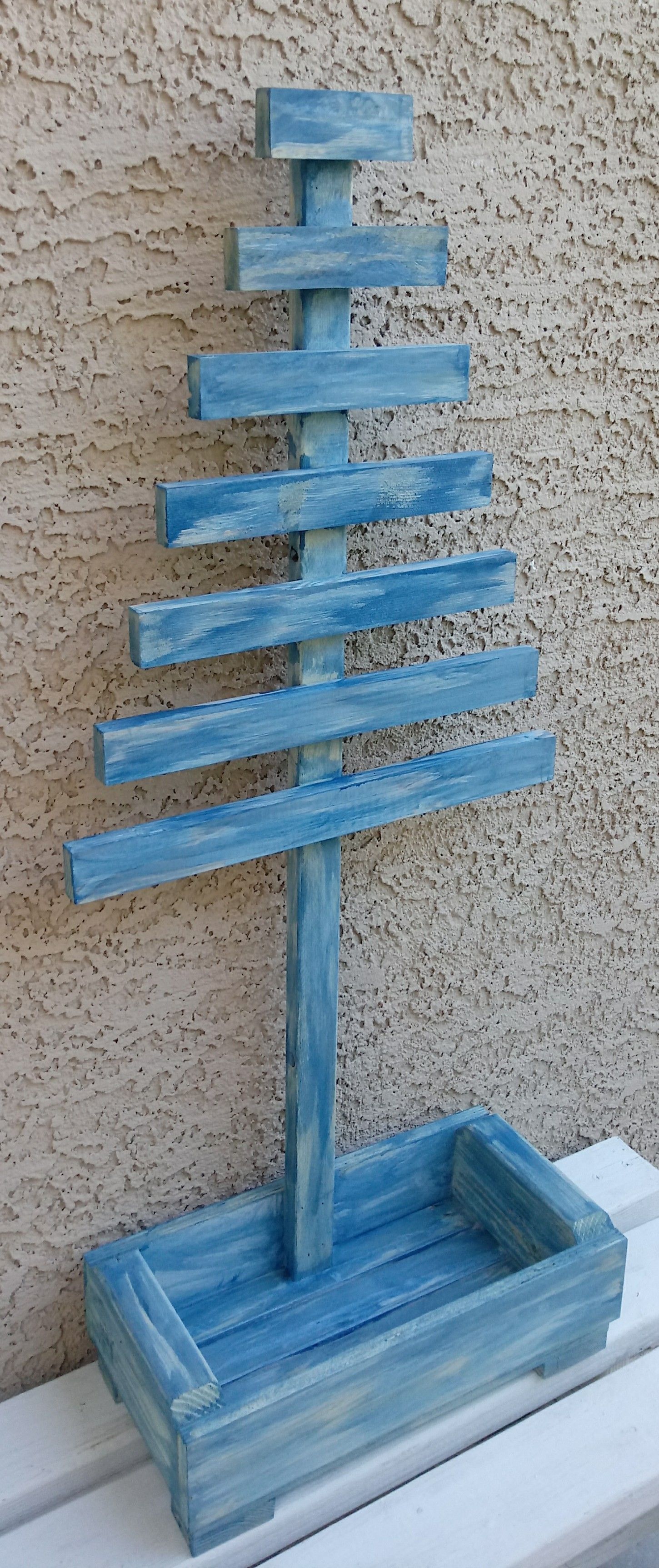 36"H X 16"W X 8"D 💐Wood Tree Jewerly Station/Planter ::: Rustic Distressed Compass Blue/Caribbean Mist