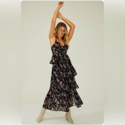 NWT Altar’d State Roxie Black Floral Tiered Maxi Dress 