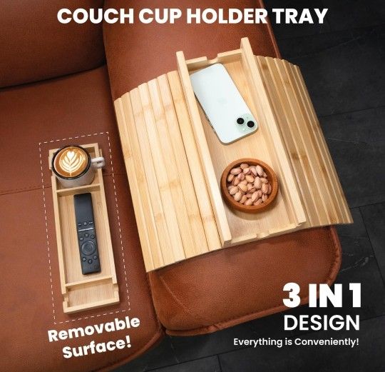Couch Cup Holder Tray, Versatile Bamboo Sofa Armrest Tray with Detachable Drink Holder, Anti-Spill and Foldable Sofa Table for Snacks, Remote, Phone,