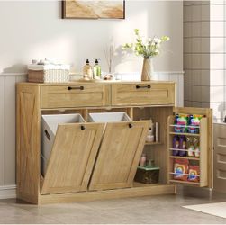 Double Tilt Out Laundry Hamper Cabinet, 43.3" Laundry Cabinet with 2 Removable Baskets, Farmhouse Wooden Hidden Trash Bin Cabinet with Open Shelving,