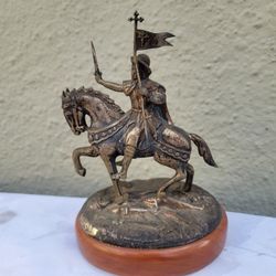 Vintage Man on Horseback Medieval  Metal Sculpture Statue on Wood Base