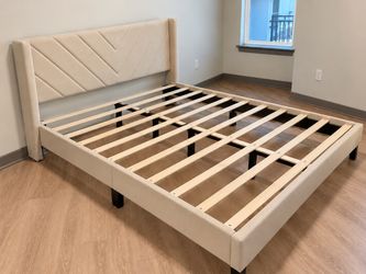 Queen size velvet bed frame beige