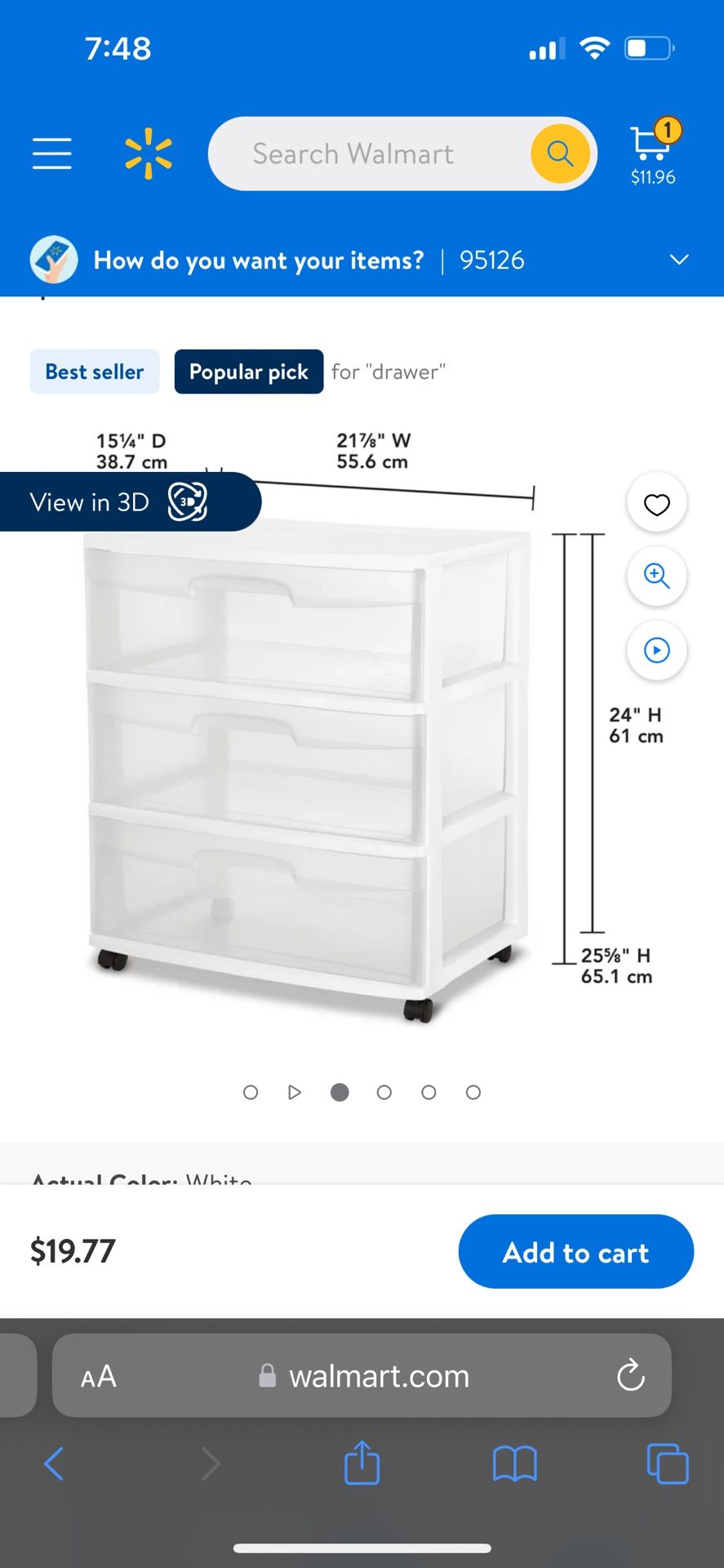 Sterilite Wide 3 Drawer Cart White