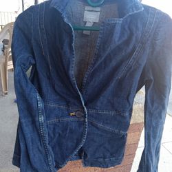 Vintage Blue Denim OLD NAVY Button Stretch Fitted Hip Length Casual Blazer Jacket Size XS