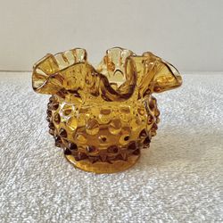 Small VTG Fenton Amber Hobnail Double Ruffle Vase/Rose Bowl/Decor Glows Under UV Light