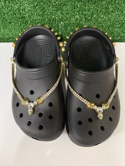 Crocs Classic Clog Tiara Black Gold Diamonds Gemstones Women's Size 8