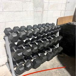 Rubber hex dumbbells 10lb-100lb with rack