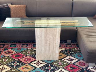 70’s travertine console table / glass brass beam marble vintage postmodern Artedi