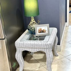 Fortunoff White Wicker Side Table w/ Glass Top – Coastal Palm Beach Style
