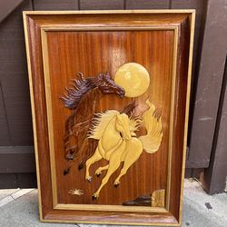 Horses Hand Crafted Intarsia Wood Art Wall Hanging 27 X 19 X 2 Inches