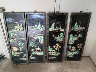 4 Asian Chinese black lacquer wall frame