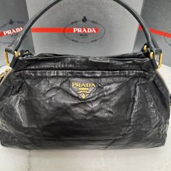 PRADA BLACK LEATHER PLEATED SOFT CALF TOP HANDLE WITH STRAP - Excellent Condition- ONLY $699