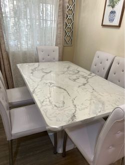 JUFU 63-Inch Faux Marble Dining Table Set for 6, 7-Piece, White Chairs
