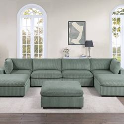 Brand New Sage Corduroy 7pc Modular Sectional Sofa With Ottoman 